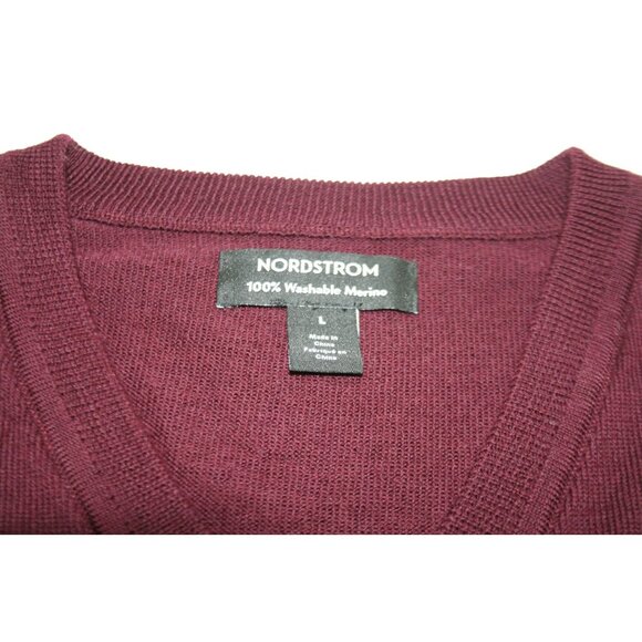 Nordstrom Mens Large V-Neck Sweater Burgundy Washable Merino Wool Classic Layer - Picture 2 of 7